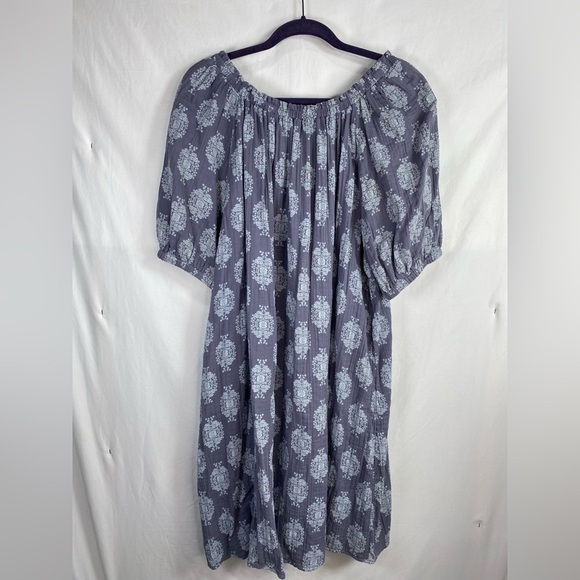 Wonderly 1X Gray/Blue with Light Blue Design Sloughed Cotton Dress, Pouf Sleeves - Picture 2 of 7